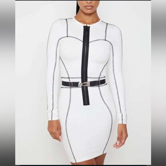 MANIERE DE VOIR Overlock Stitch White Body-con Belted Mini Dress Women’s SZ XS 4 - Picture 1 of 16